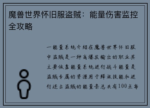 魔兽世界怀旧服盗贼：能量伤害监控全攻略